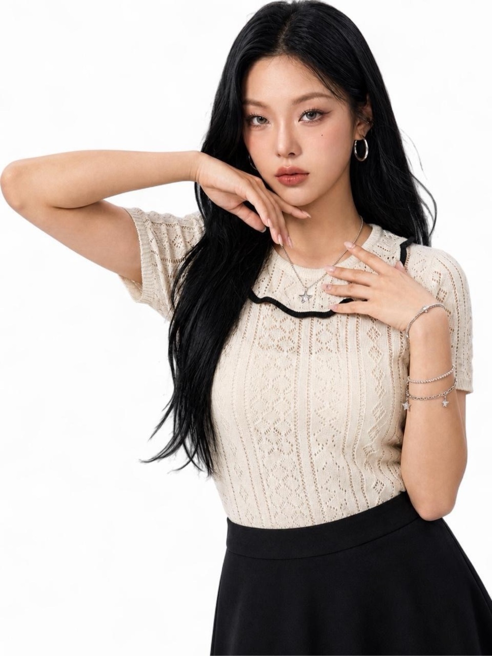 ASOS Cream Lace Mini Dress Black Trim Short Sleeve Coquette Soft Girl